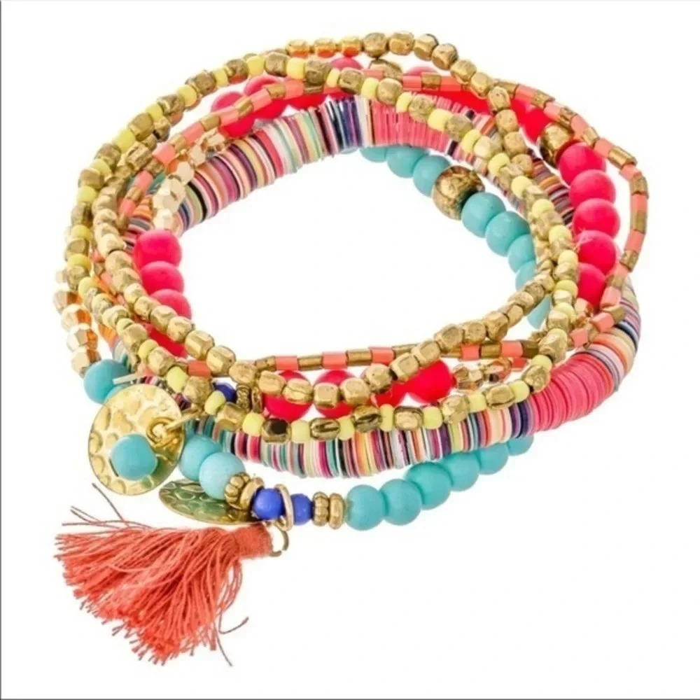 Boutique NWT Pink Multicolor Sequin Beaded Boho Bracelet set